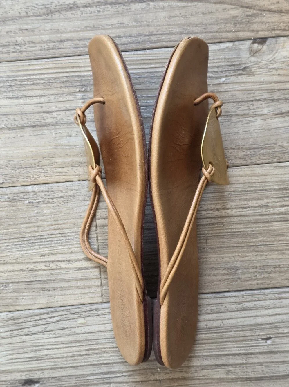 Tory Burch Tan Leather Sandal with Gold Medallion